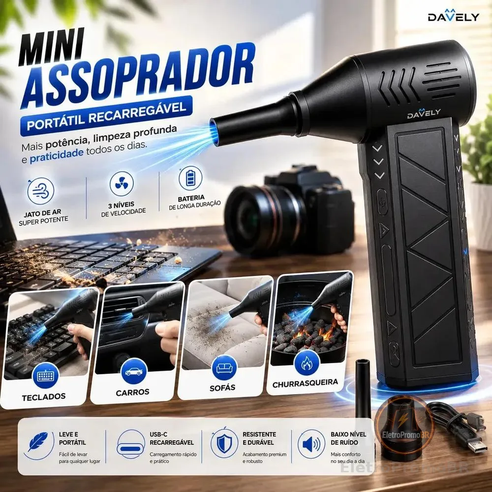 Mini Ventilador Soprador Ar Turbo 130000rpm Assoprador Sem Fio Recarregável Usb 3 Níveis Jato Forte Portátil Multiuso Limpeza Teclado Carro Acende Churrasqueira Davely