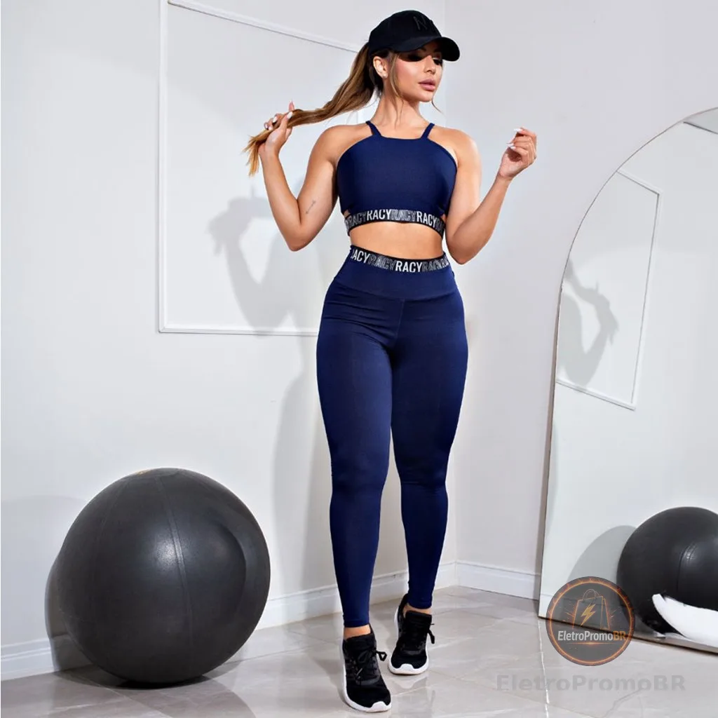 Conjunto Fitness Calça Legging Cintura Alta e Cropped Alcinha com Elásticos Racy para Treinar Roupa de Academia Feminina