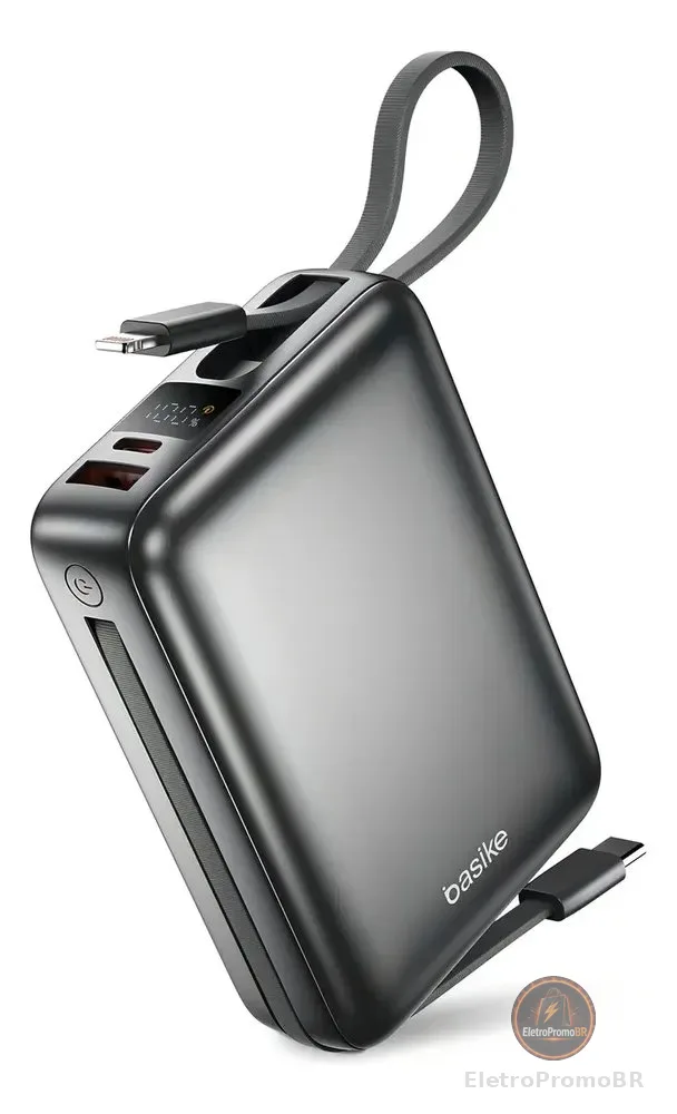 Carregador Portátil Power Bank Basike 20000mAh 22.5W Rápido Cabos Embutidos Tipo C iPhone Samsung