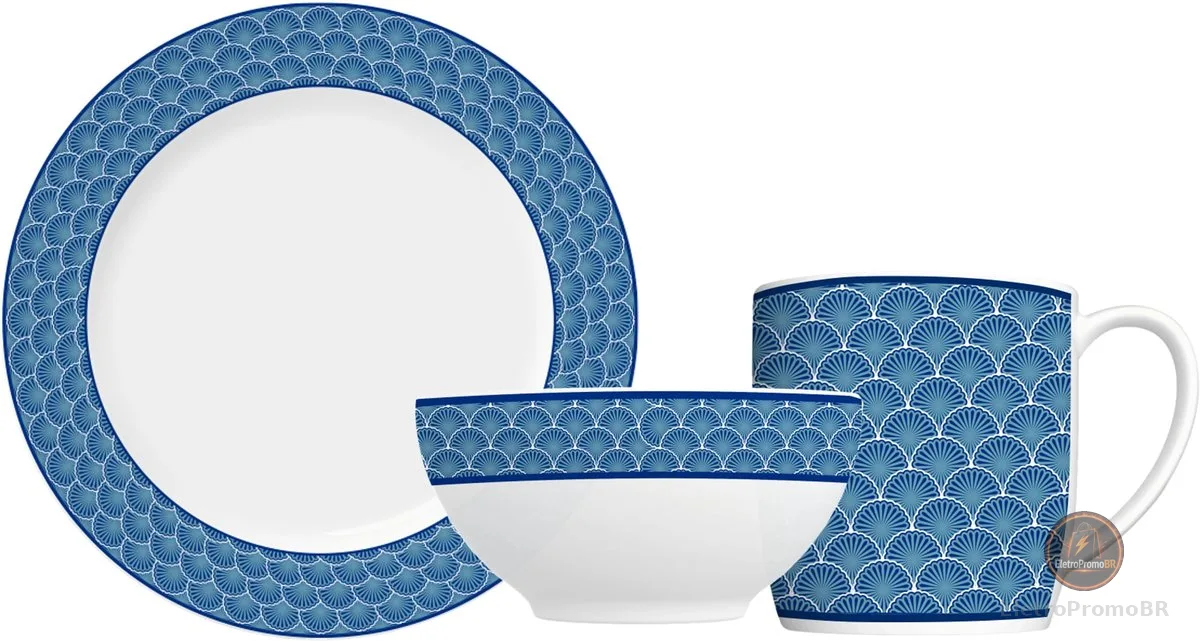 Jogo de lanche em porcelana, modelo Capri, Urban, Aura Azul, 12 peças, Germer, Branco com detalhes em azul