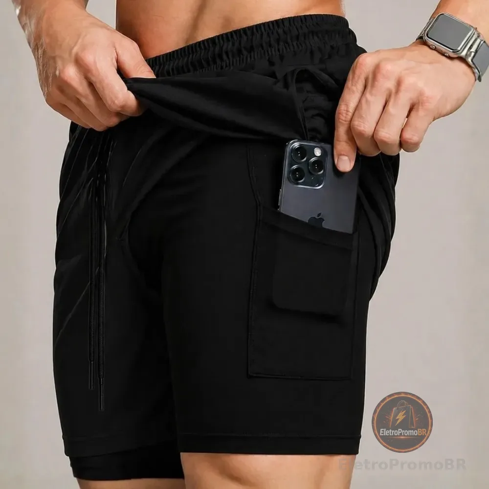 Bermuda Compressão Duplo Masculina 2 Em 1 Short Academia Preto Liso Gg