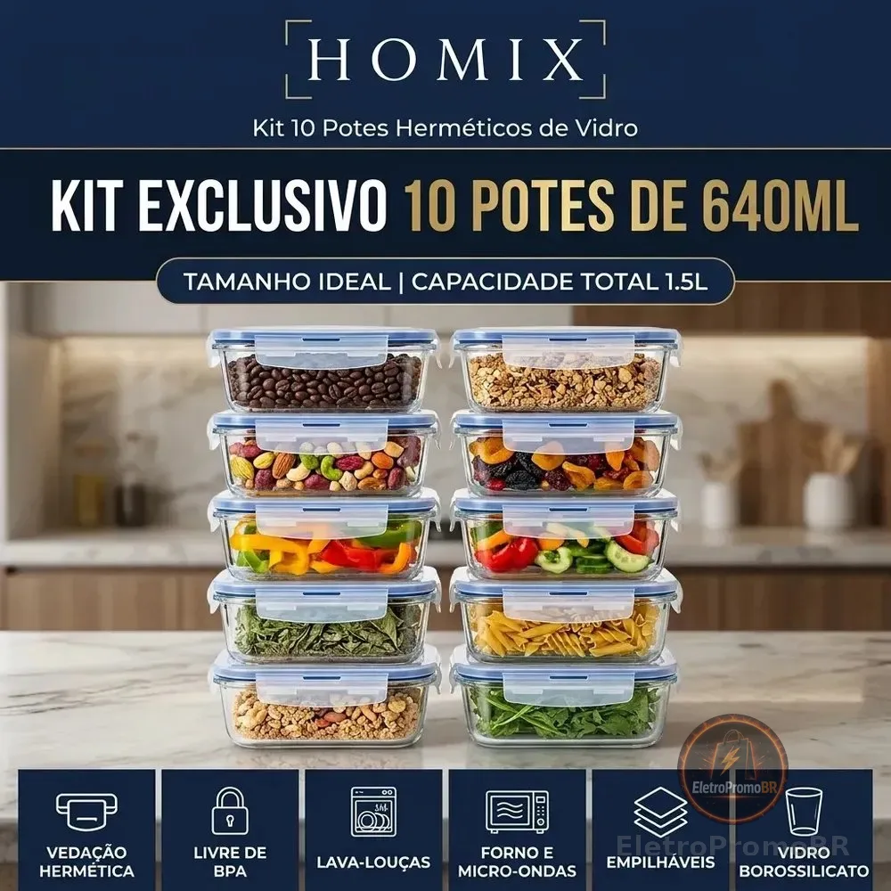 Conjunto 10 Potes 640ml Vidro Hermético 4 Travas Marmita Universo Mix