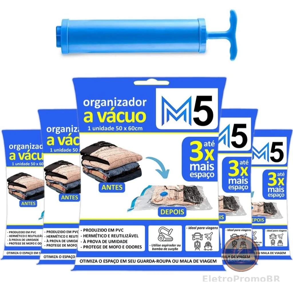 Kit Saco a Vácuo 50x60cm Organizador Hermético de Roupas Mala de Viagem Guarda Roupa + Bomba