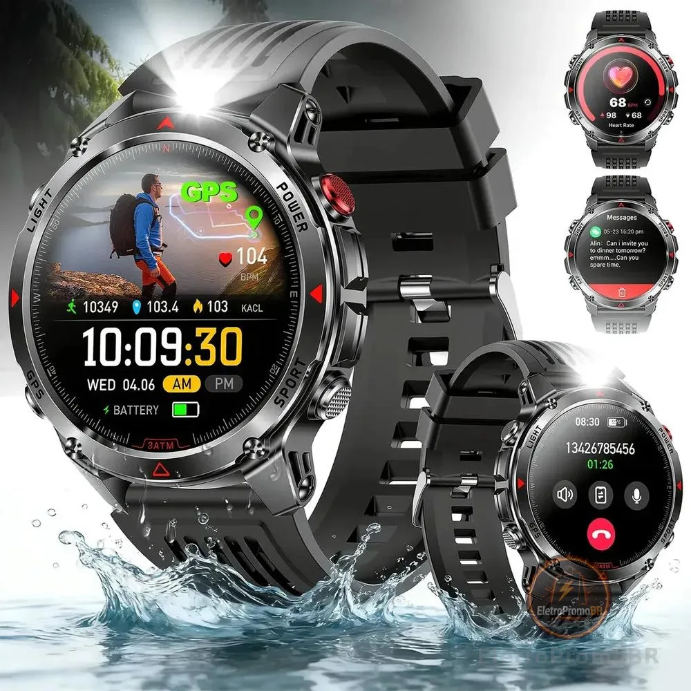 Relógio Inteligente Smartwatch GPS Autônomo À prova d'água 3ATM NOVANTE Masculino Feminino Esportivo Digital 530mAh Preto Bluetooth Chamadas Notificações Instantâneas Android IOS Com Lanterna Bússola