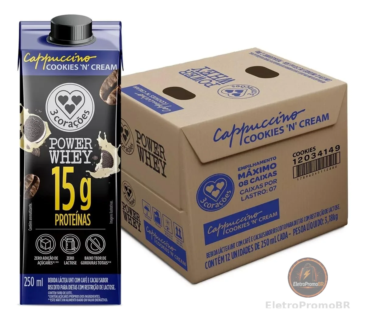 3 Corações Bebida Láctea Cappuccino Power Whey Cookies n'Cream 15g de Proteína com Cafeína 250ml - 12 unidades, Líquido