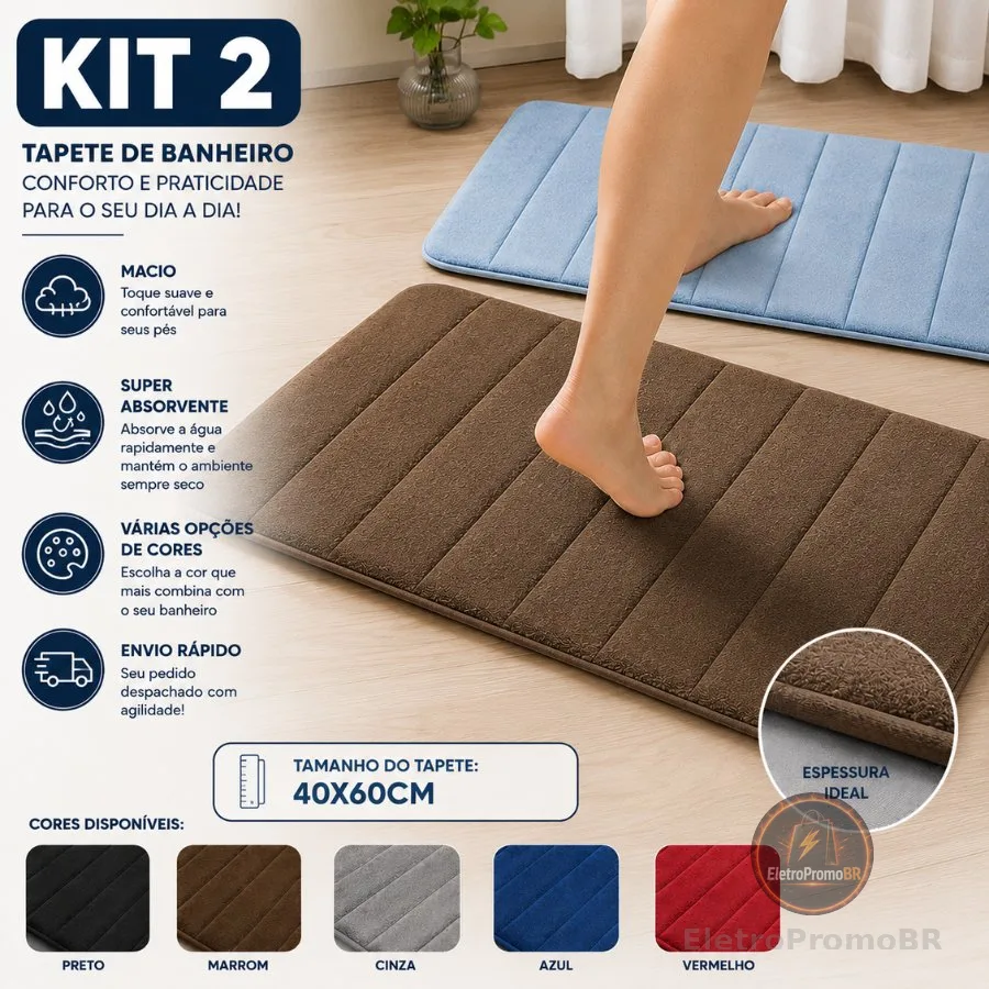 Kit com 2 Tapete Antiderrapante Absorvente Banheiro Quarto Macio Soft Secagem Rapida 60x40