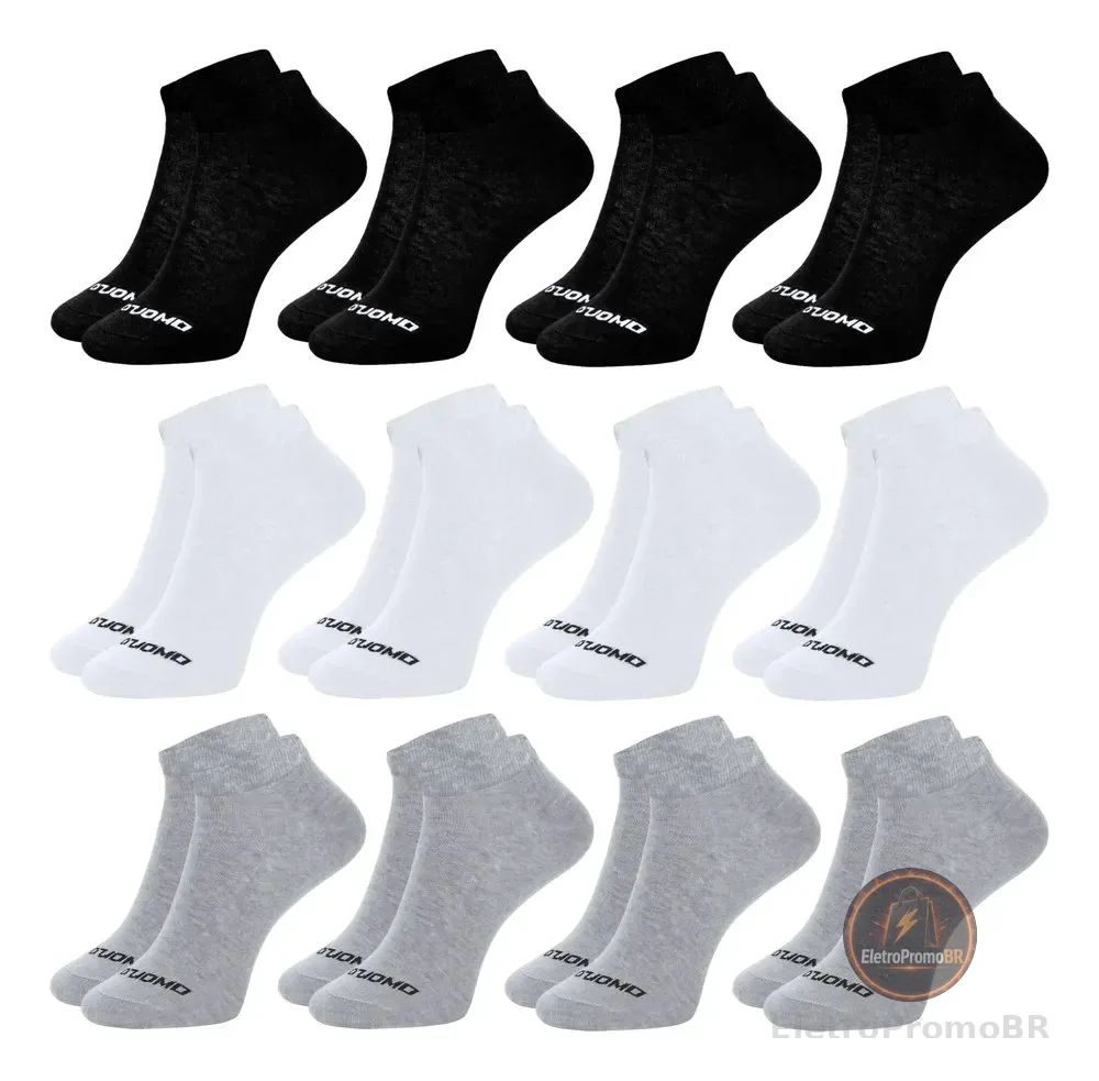 Kit 12 Pares Meia Masculina Cano Curto Soquete Algodão Duomo 4 Branco - 4 Cinza - 4 Preto Masculina Academia Toque Macio 39-44 Meia Cano Baixo Masculina