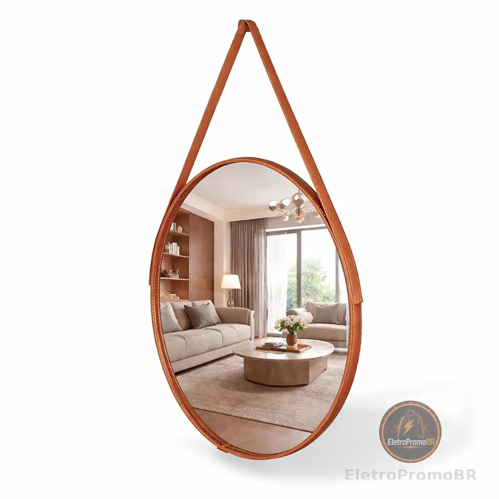 Espelho Redondo Decorativo Adnet Alça Couro Suporte 60cm Sala Quarto Banheiro