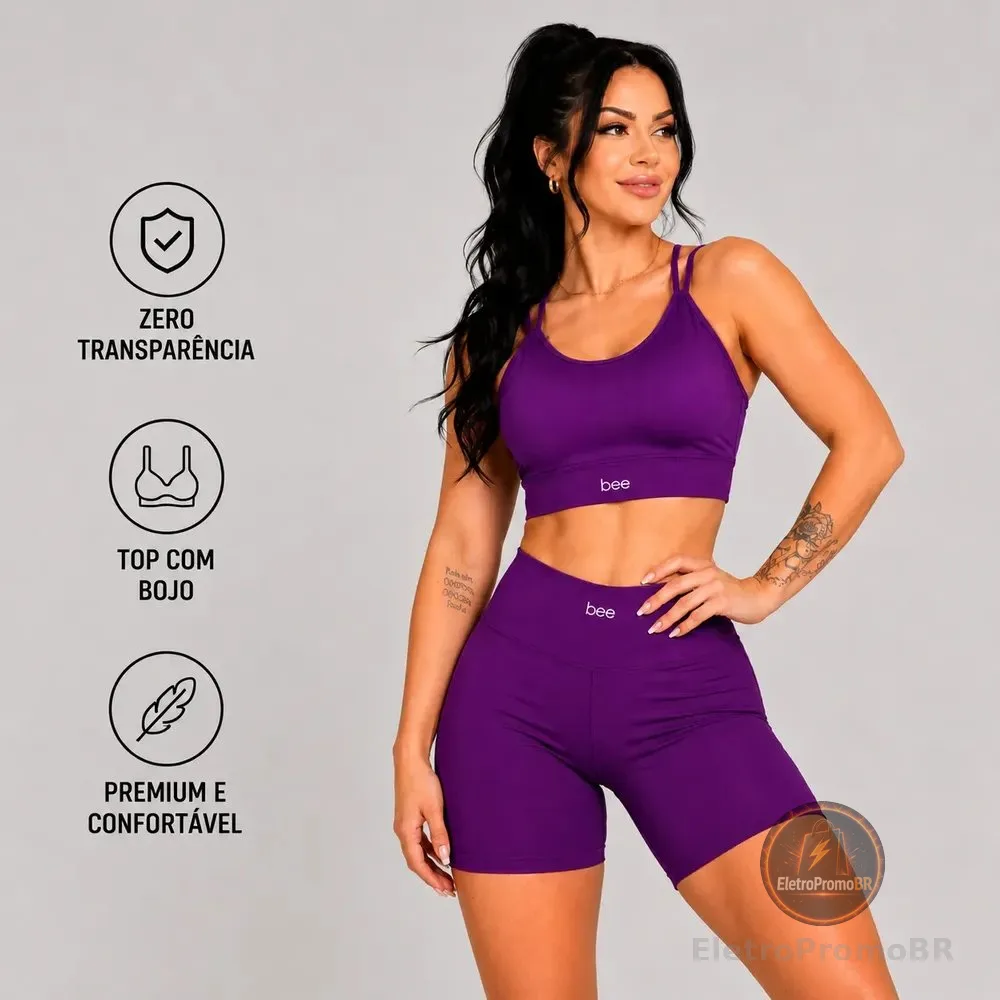 Conjunto Fitness Feminino Short Cós Alto Sem Transparência Violeta Liso M