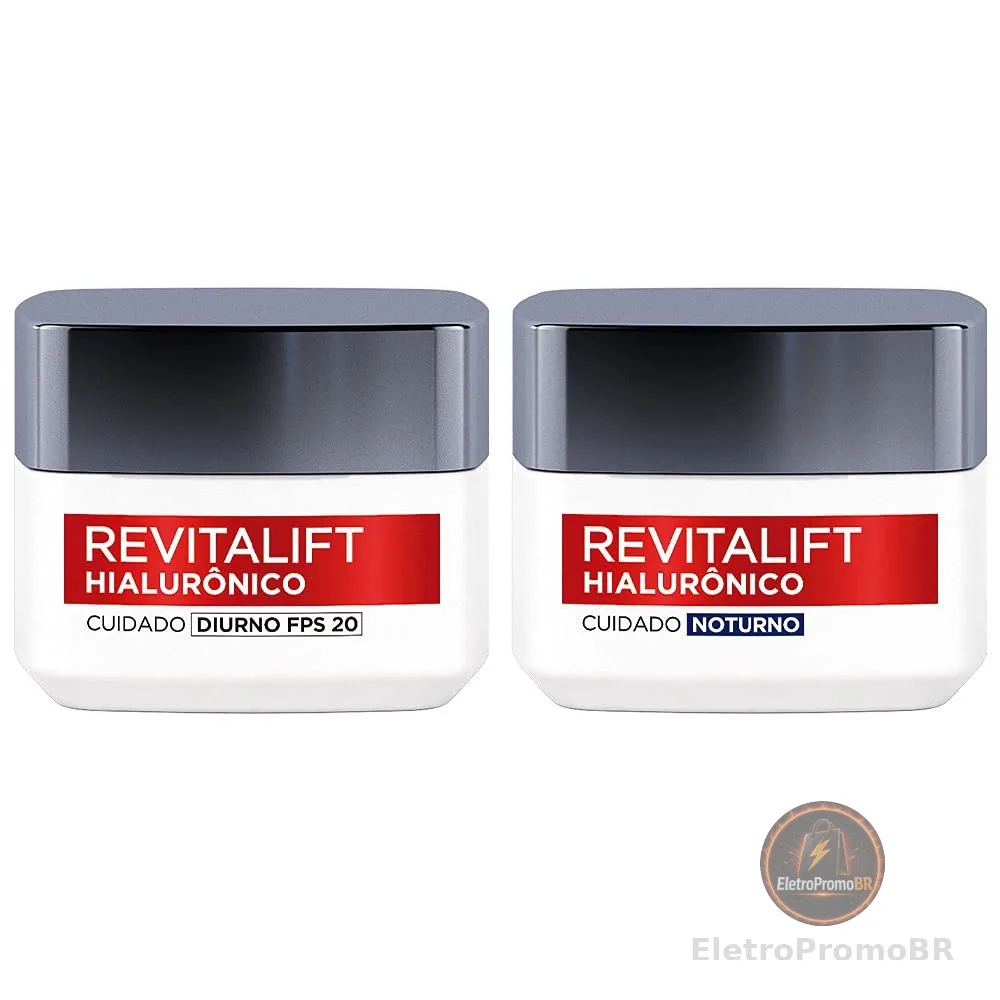 Kit Hidratante Facial L'Oréal Paris Revitalift Hialurônico Diurno FPS 20 + Noturno, Tratamento Antirrugas e Preenchedor com Ácido Hialurônico Puro, 49g