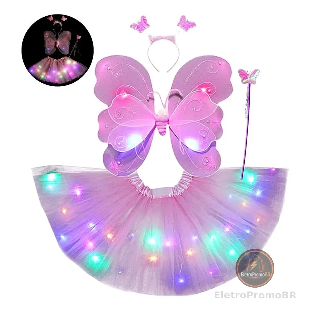 Fantasia infantil Menina rosa com Led fada bailarina Asas saia tiara