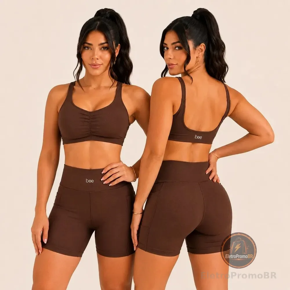 Conjunto Short Com Bolso Feminino Sem Transparencia Top Marrom Liso M