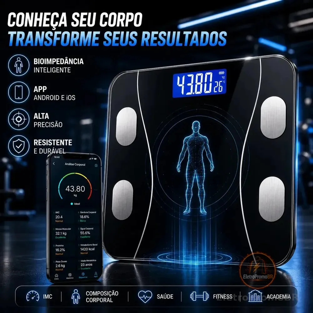 Balança Digital Bioimpedância Smart Bluetooth Inteligente IMC Composição Corporal Fitness Emagrecimento Saúde Peso Corporal App Android iOS Academia Banheiro Alta Precisão Megalodonte