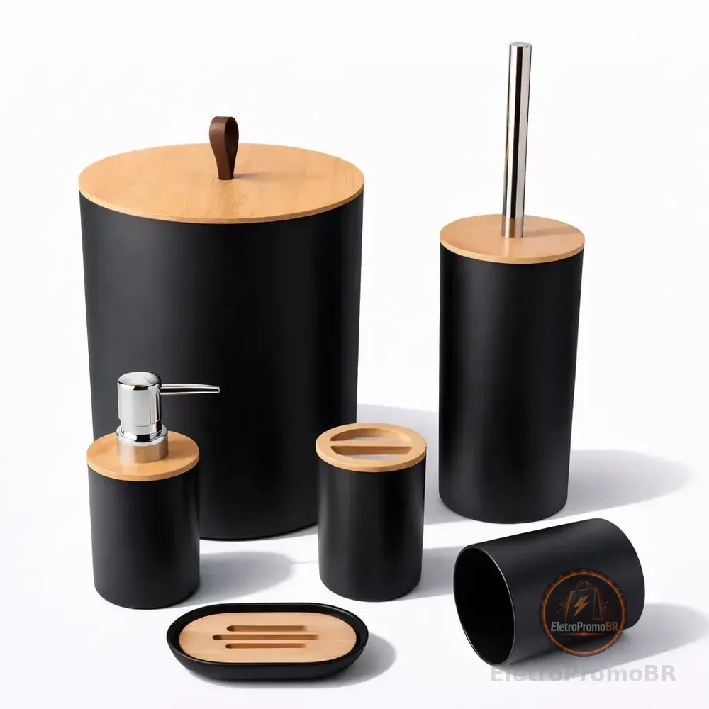 Conjunto Acessórios Kit Completo 6 Peças Para Banheiro Tampa Fechada Copo Multiuso, Escova Sanitária, Cesto De Lixo, Porta Escova, Porta Sabonete Líquido, Saboneteira Cor Preto Sayonara