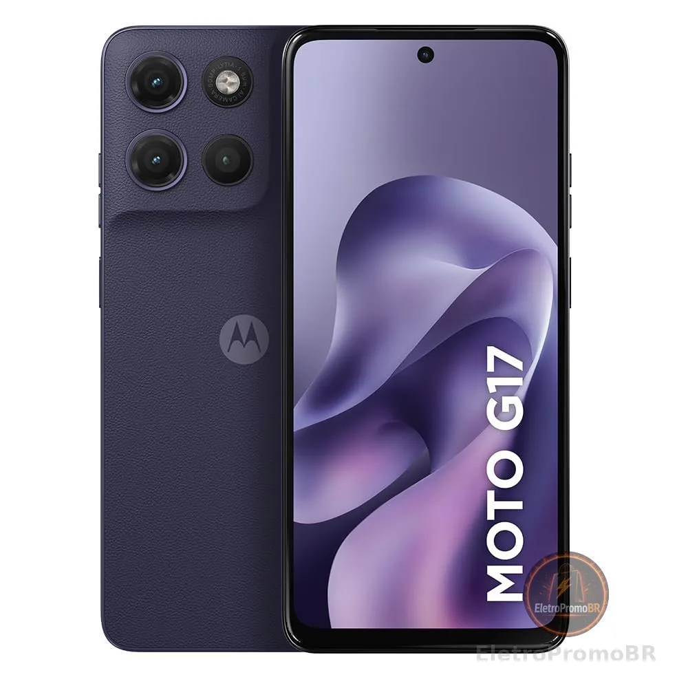Smartphone Motorola Moto G17 4G - 256GB 12GB (4GB RAM + 8GB RAM Boost) camera 50MP Sony Lytia 600, tela FHD+ 60hz, bateria 5200 mAh - Roxo