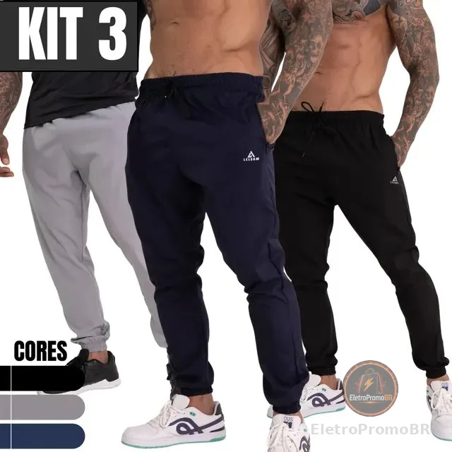 Kit 3 Calça Jogger Tactel Slim Elastano Esportiva Fitness