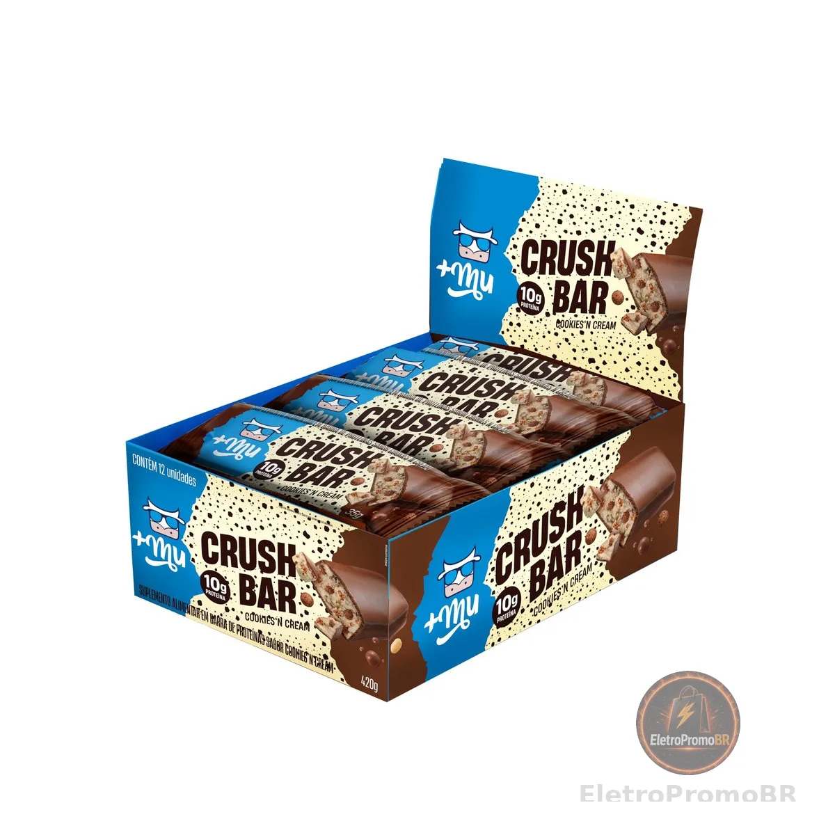 Barra de Proteína, Mais Mu, Crushbar 2.0, Sabor Cookies, 10g de Proteína, Zero Açúcar - Display 12 Unidades
