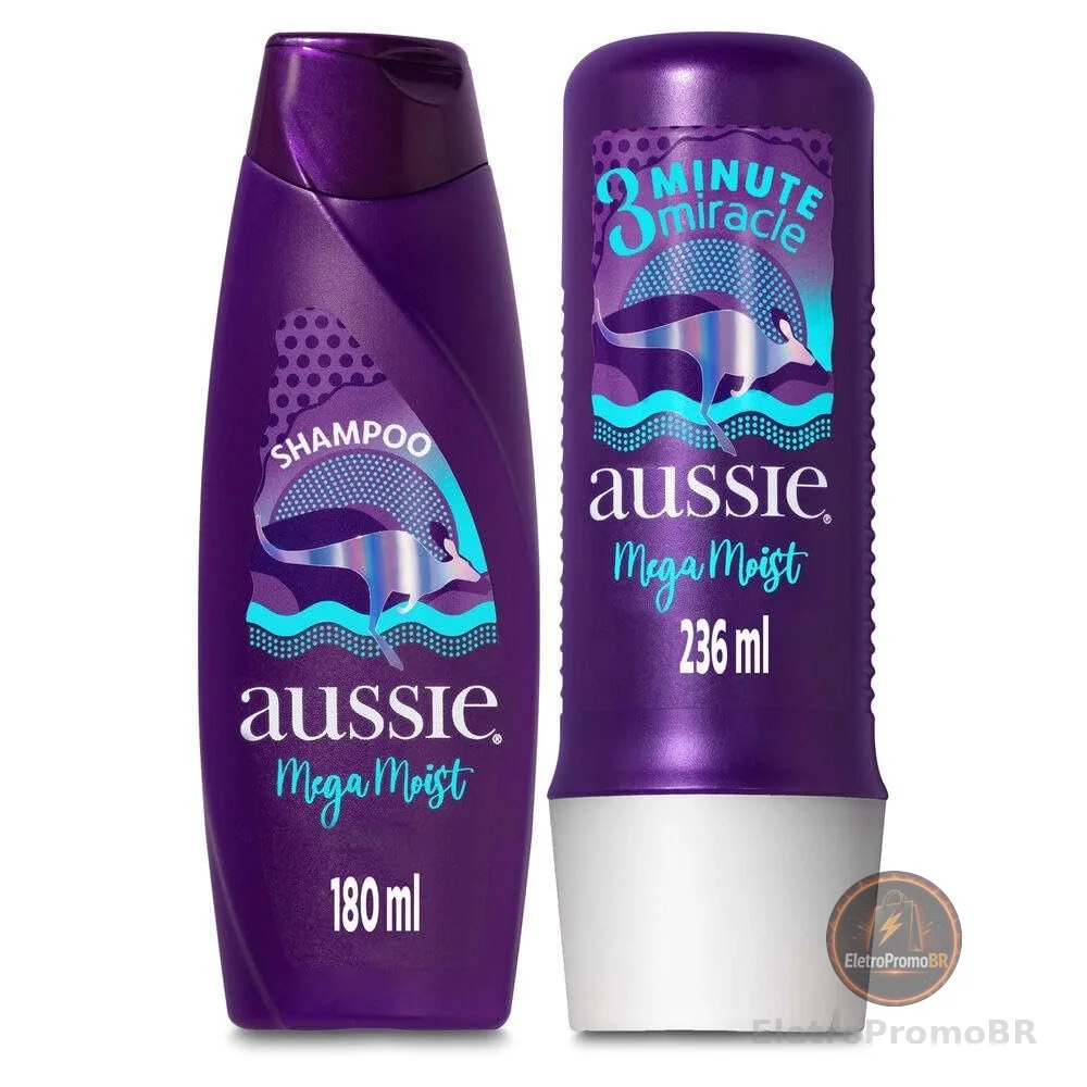 Kit Aussie Mega Moist Super Hidratação Shampoo 180Ml e 3 Minutos Milagrosos 236Ml, Aussie, Roxo