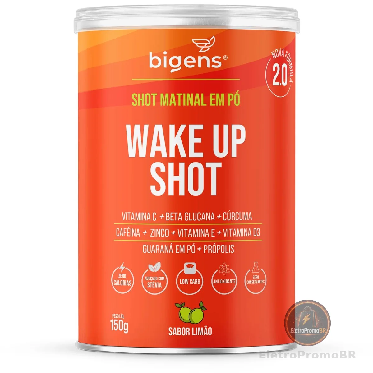 Bigens Wake Up Shot, Vitamina C, Própolis, Gengibre, Cúrcuma, Guaraná e Zinco, Sabor Limão, 150g, Suplemento em Pó (Unidade)