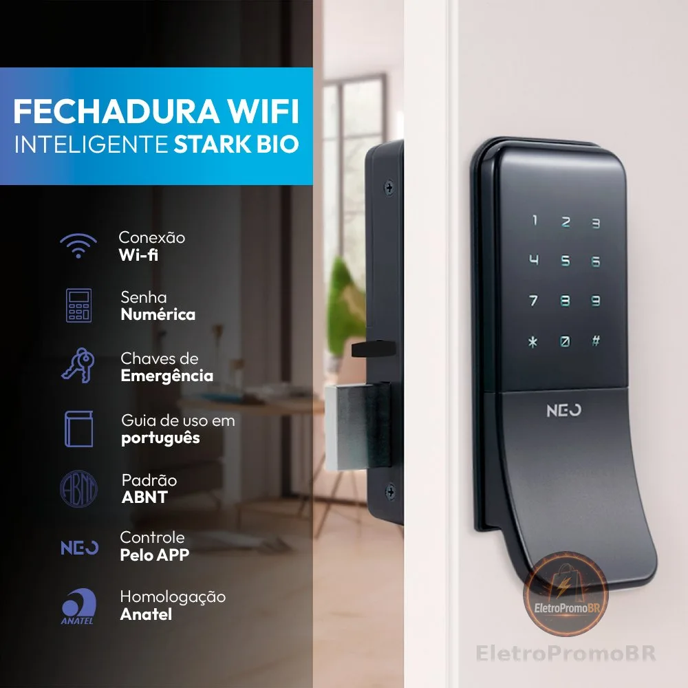 Fechadura inteligente Eletrônica Stark Digital Sobrepor Biometria Senha Tag Wi-fi Preto Neo Avant