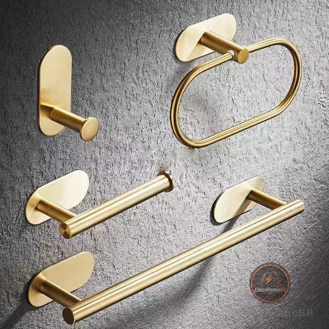 Kit Acessórios Banheiro Cabide Toalheiros Papeleira 4 Peças Dourado