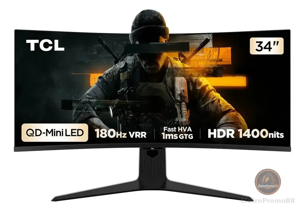Monitor Gamer Curvo TCL 34 Polegadas QLED Mini LED WQHD R83Q 180Hz 1ms (GtG) HDR 1400 nits 34R83Q