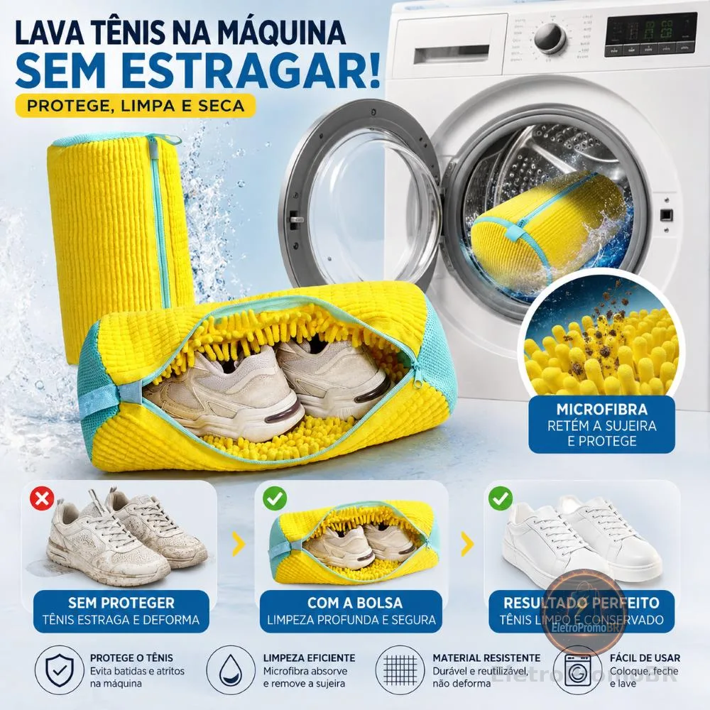 Saco para Lavar Tênis na Máquina Bolsa Protetora de Sapatos com Zíper em Microfibra