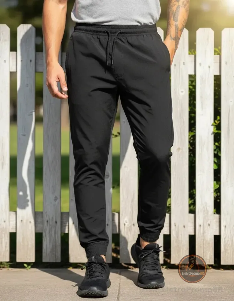 Calça Tactel Jogger Premium Fitness Academia 2 Bolsos 016 Preto Liso M(38/40)