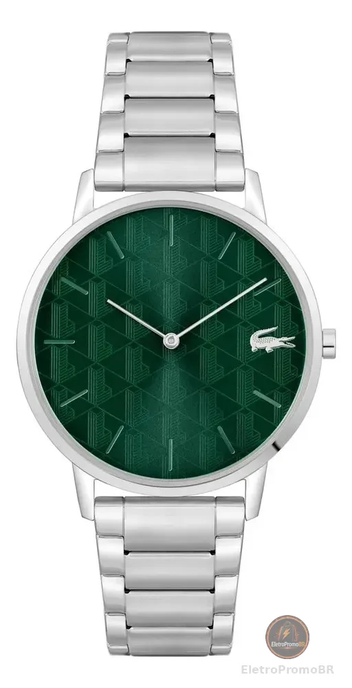 Relógio masculino Lacoste Crocorigin 2011311 40,5 mm, pulseira prateada, moldura prateada, fundo verde