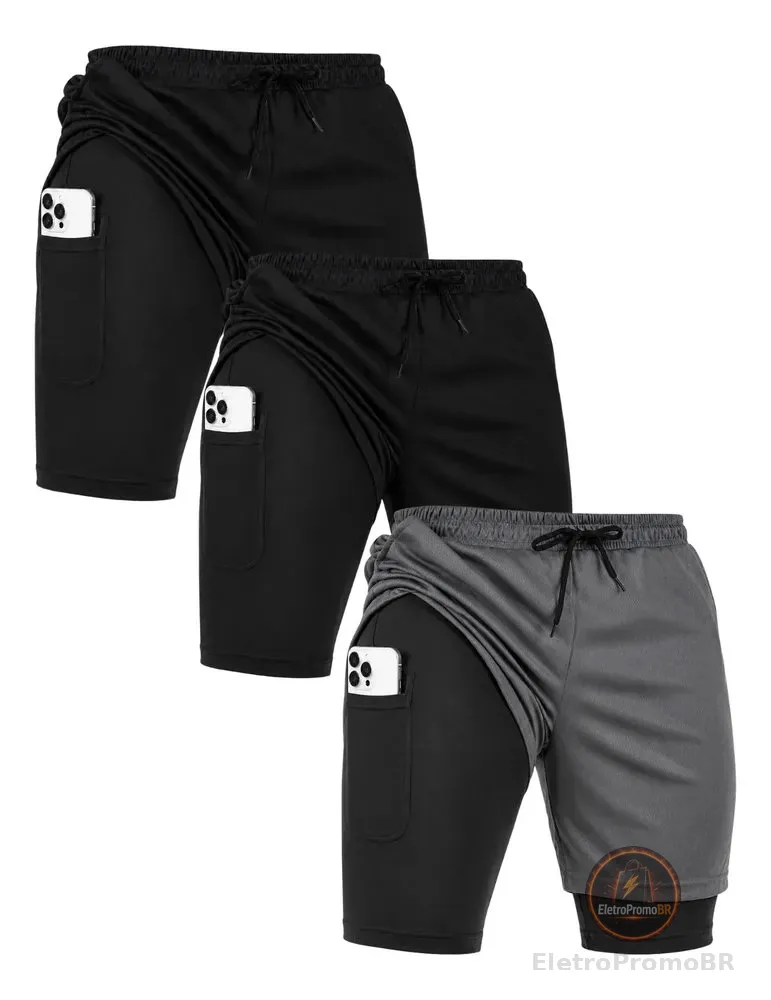 Kit 3 Shorts 2 Em 1 Academia Corrida Bermuda Duplo Com Bolso Preto / Preto / Cinza P