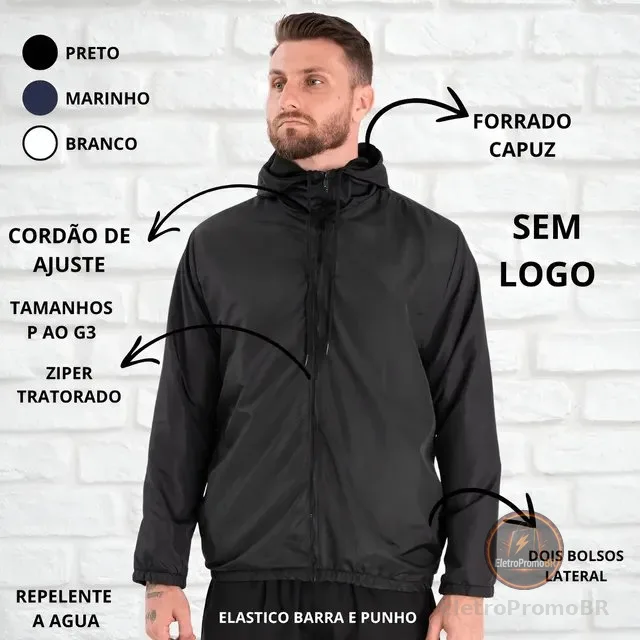 Jaqueta Corta Vento Liso Unissex Esportivo Capuz E Bolsos