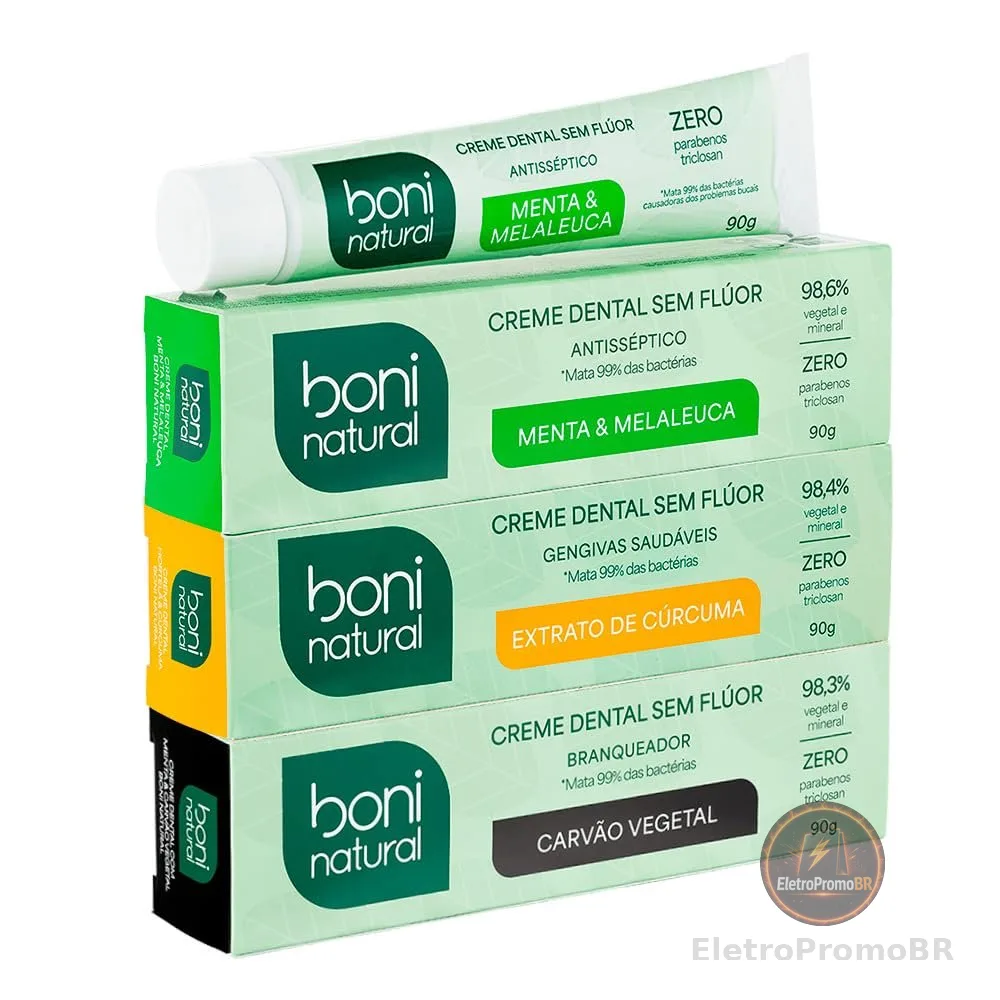 BONI NATURAL - Kit Creme Dental Natural Vegano – Menta e Melaleuca + Carvão Vegetal + Hortelã e Cúrcuma – Sem Flúor, Sem Triclosan – 3x90g - Leve Mais Pague Menos