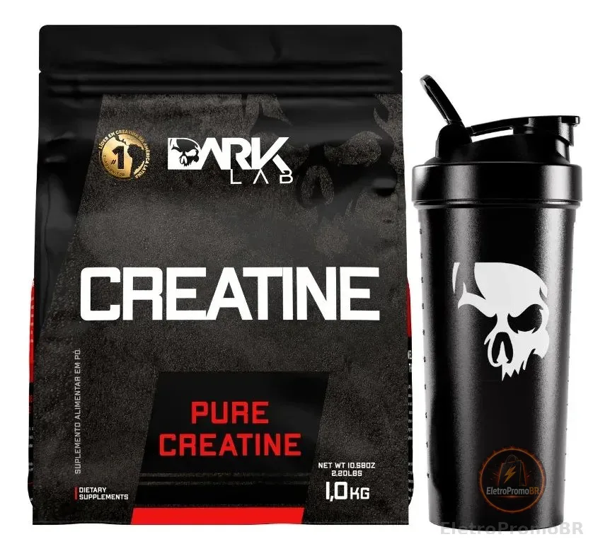 Creatina Pura 1kg Sem Sabor + Coqueteleira Shaker 700ml Preto Dark Lab