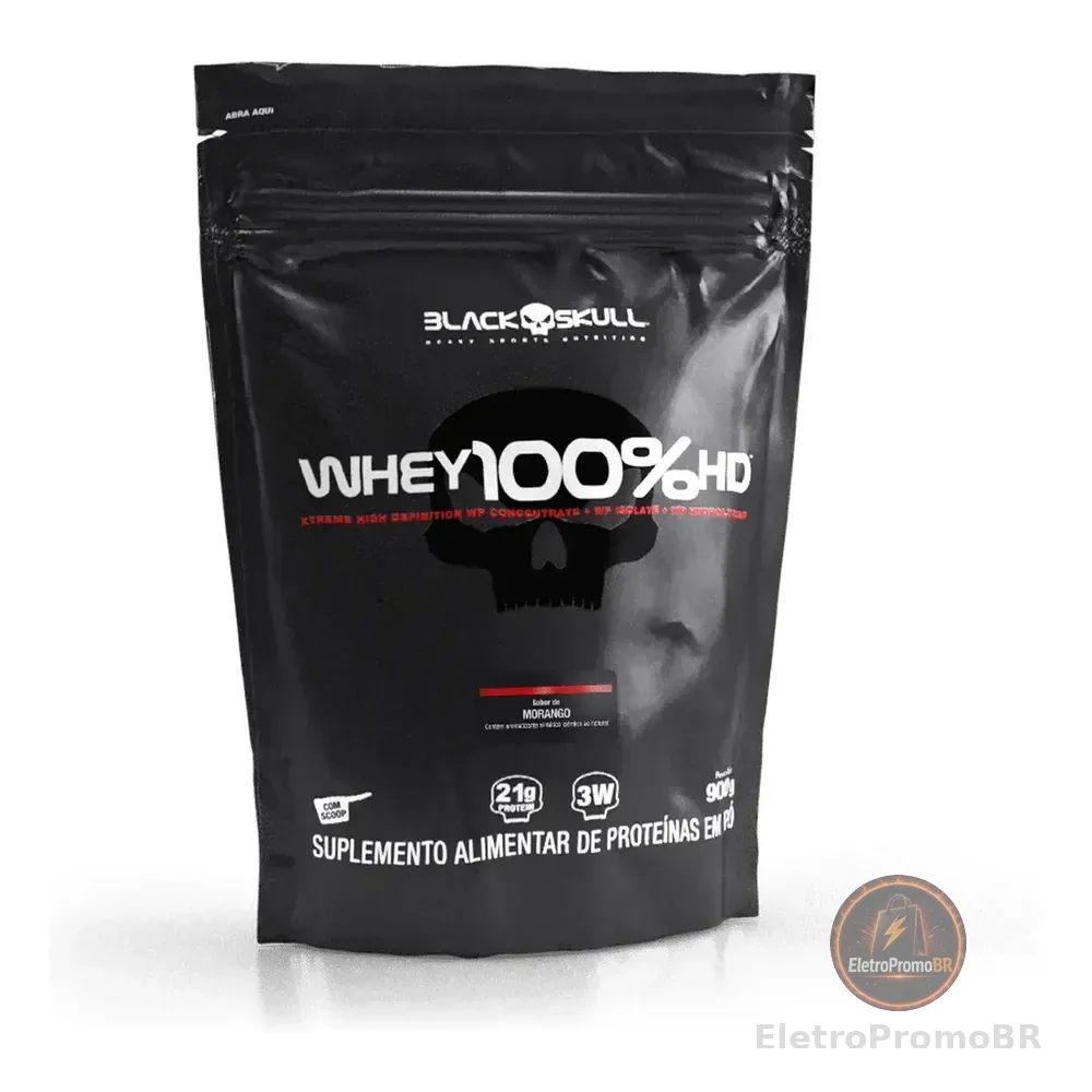 Whey 100% Hd Refil Black Skull - 900g (wpc, Wpi E Wph) Sabor Morango