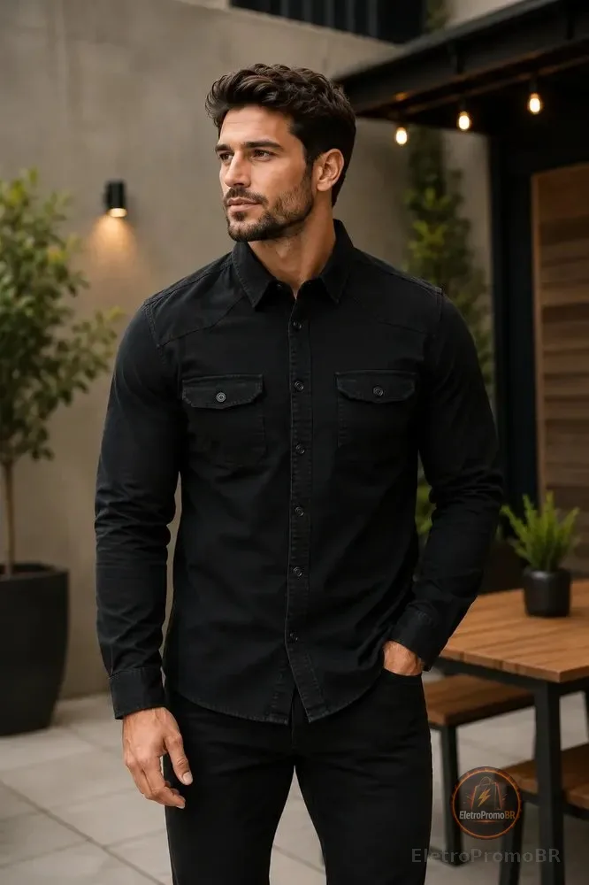 Camisa Jeans Social Masculina Manga Longa Slim Preto M