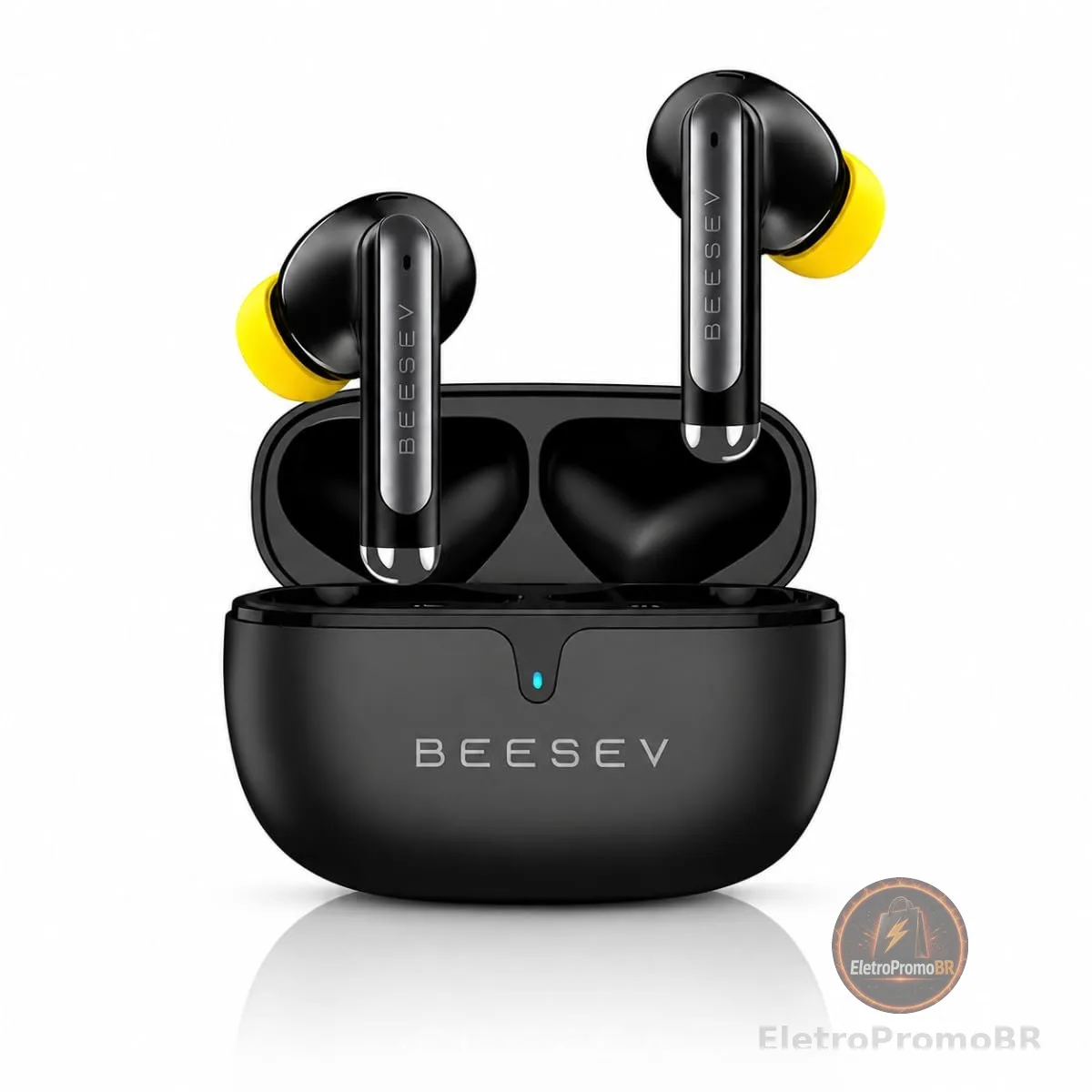 Fone de Ouvido Bluetooth 6.0 TWS Sem Fio Wireless, IPX5 à Prova d'Água, Graves Potentes, Controle por Toque, Até 50h Horas de Reprodução Total, Compatível com iOS e Android, Beesev BSV-303 (Preto)