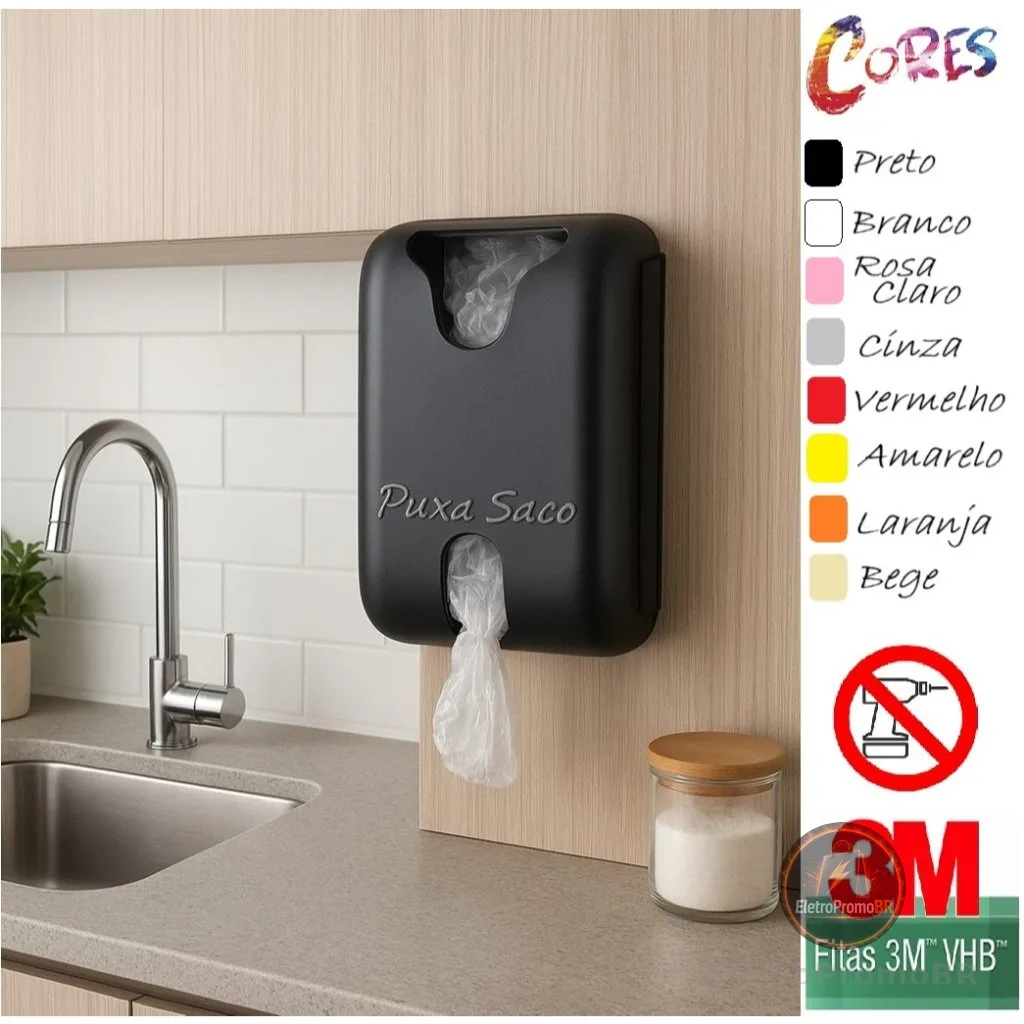 Organizador Dispenser de Sacolas Plásticas Puxa Saco Dupla Face 3M Cores
