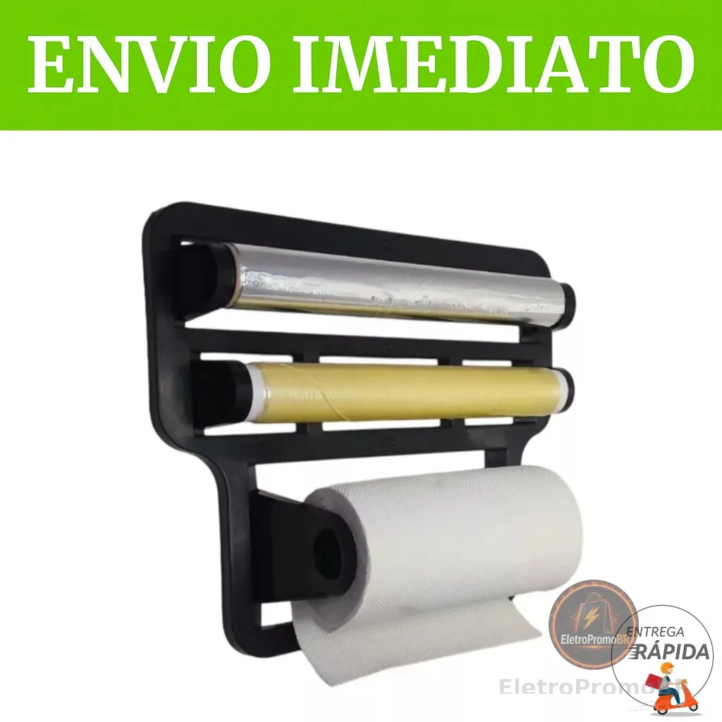 PORTA PAPEL TOALHA TRIPLO SUPORTE PRETO PARA COZINHA