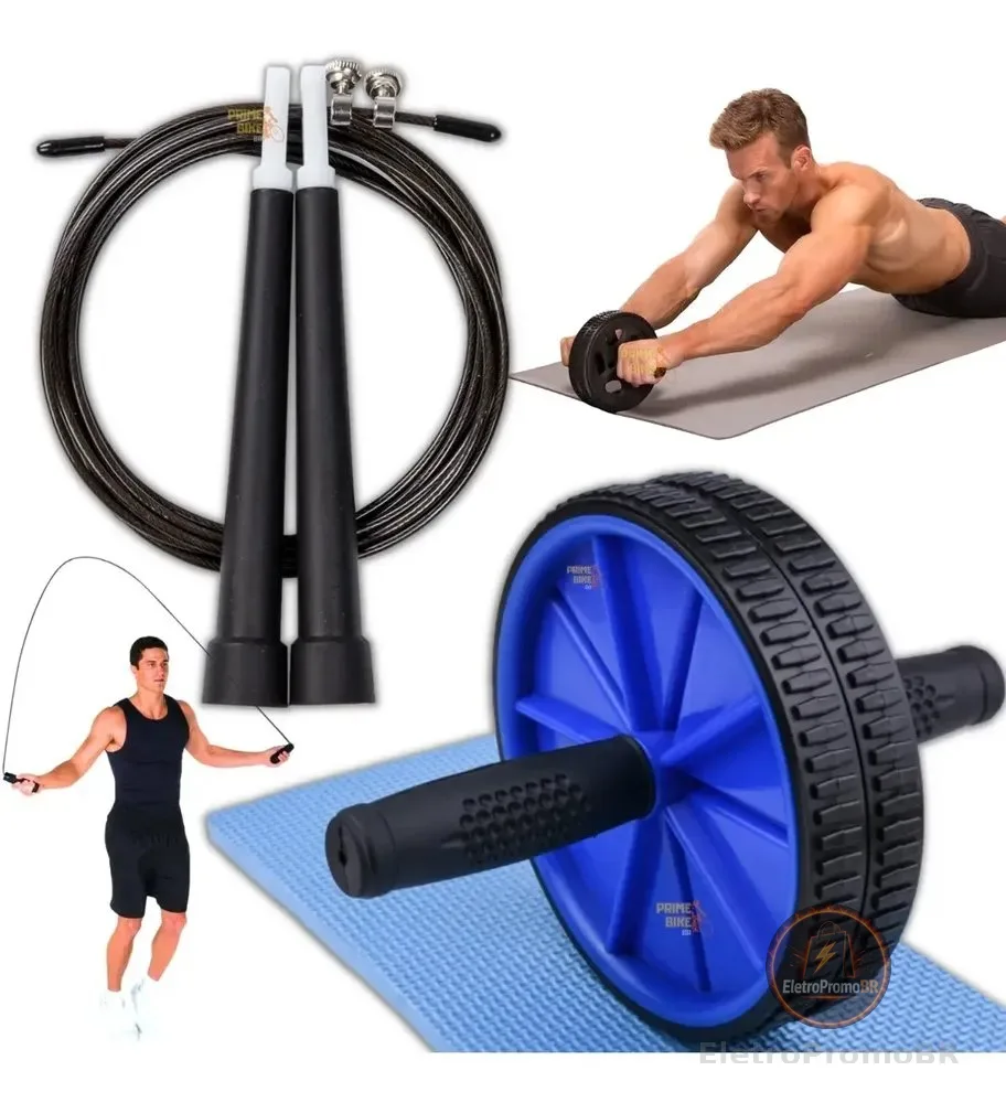 Kit Roda Aparelho Abdominal + Corda De Pular Crossfit Treino