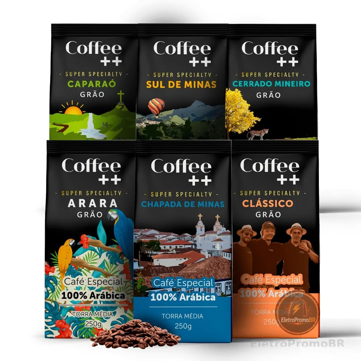 Kit 6 Pacotes Café Especial em Grãos Coffee Mais Variedades: Cerrado, Sul de Minas, Arara, Caparaó, Chapada e Clássico - 100% Arábica (6x250g)