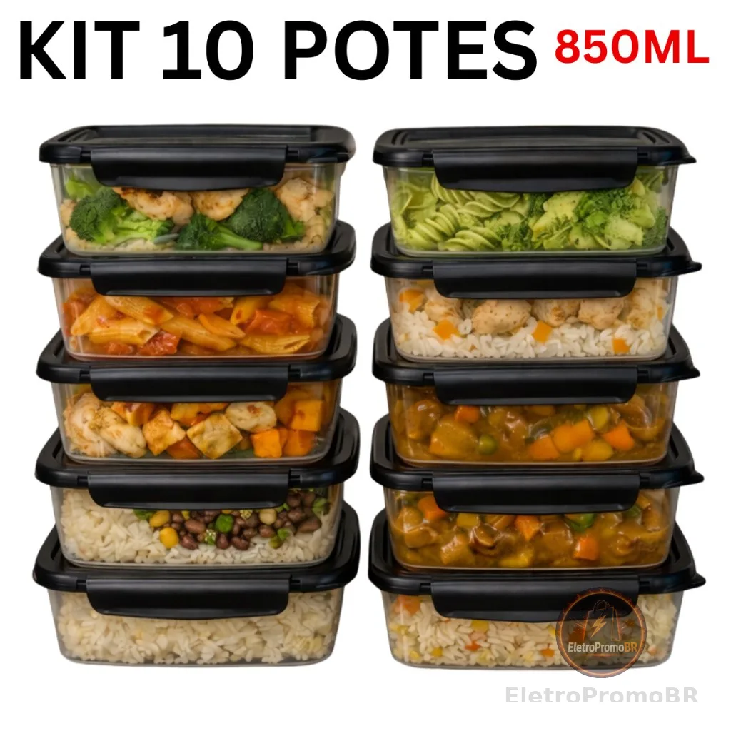Kit 10 Marmita Conjunto Potes 850ml com Travas Laterais BPA FREE - Organizadores de Congelador