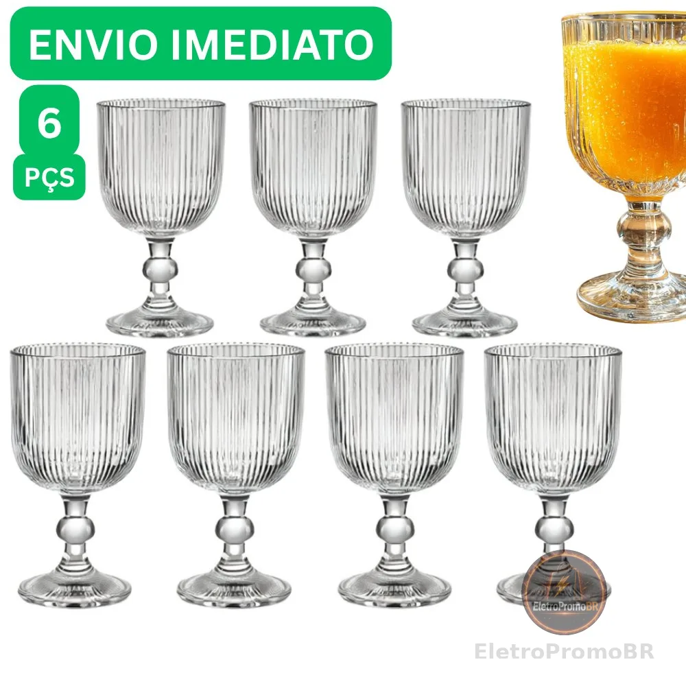Jogo de 6 Taças Graffiato 370 ML Unidades Riscada Canelada Taça de Vidro Transparente Buffet