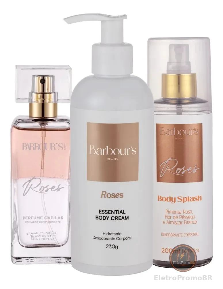 Kit Body Splash Hidratante Corporal Perfume Capilar Roses Barbour's Beauty