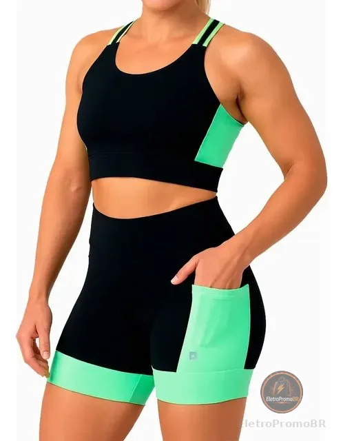 Conjunto Shorts Com Bolsos + Top Alta Sustentação Corrida