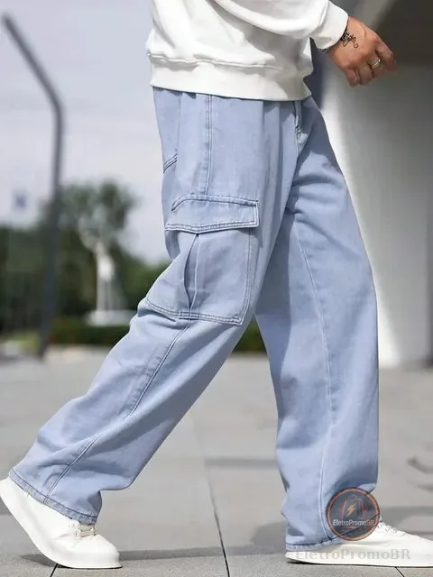 Calça Cargo Jeans Larga Bolsos Lateral Streetwear Skatista