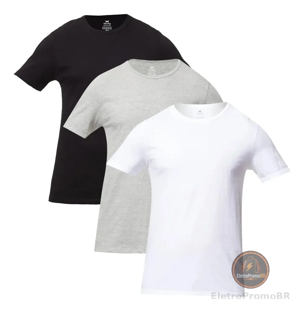 Kit Com 3 Camisetas Masc Básicas Slim Gola Redonda Hering Branco / Preto / Cinza Liso G