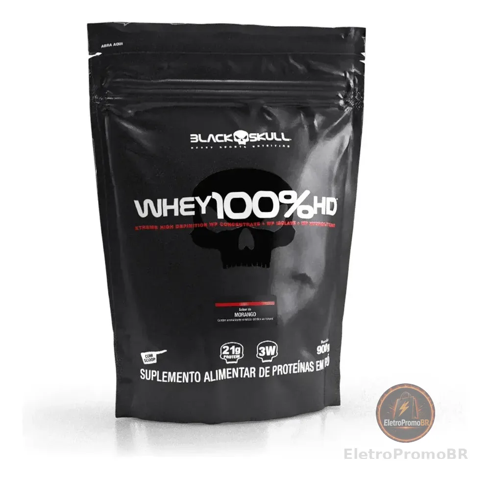 Suplemento em pó Black Skull Whey 100% HD sabor Morango 900 g