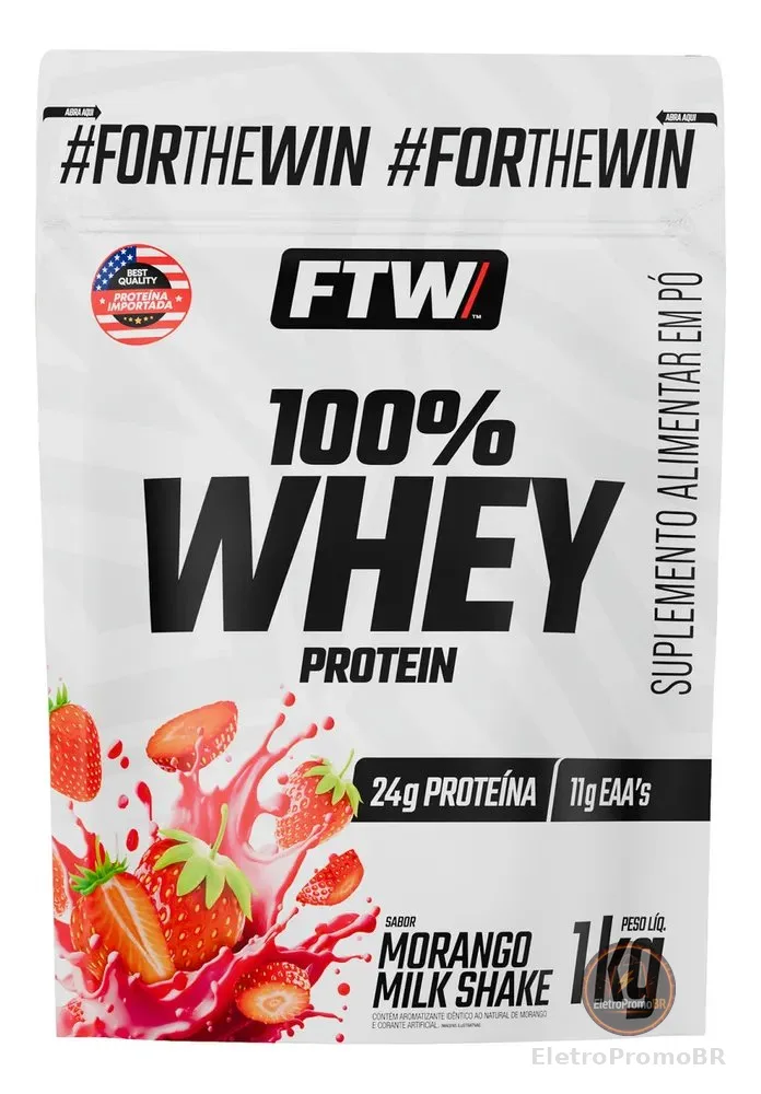Whey Protein 100% Concentrado Refil 1kg Sabor Morango Milk Shake - FTW