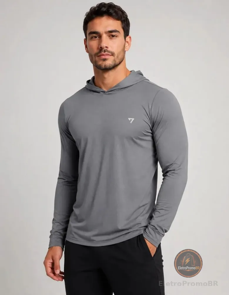Camisa Térmica Manga Longa Com Capuz Proteção Solar Uv50+ Cinza Liso Gg