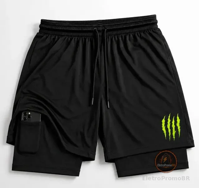 Short 2 Em 1 Academia Duplo Bermuda Masculina Treino Monster